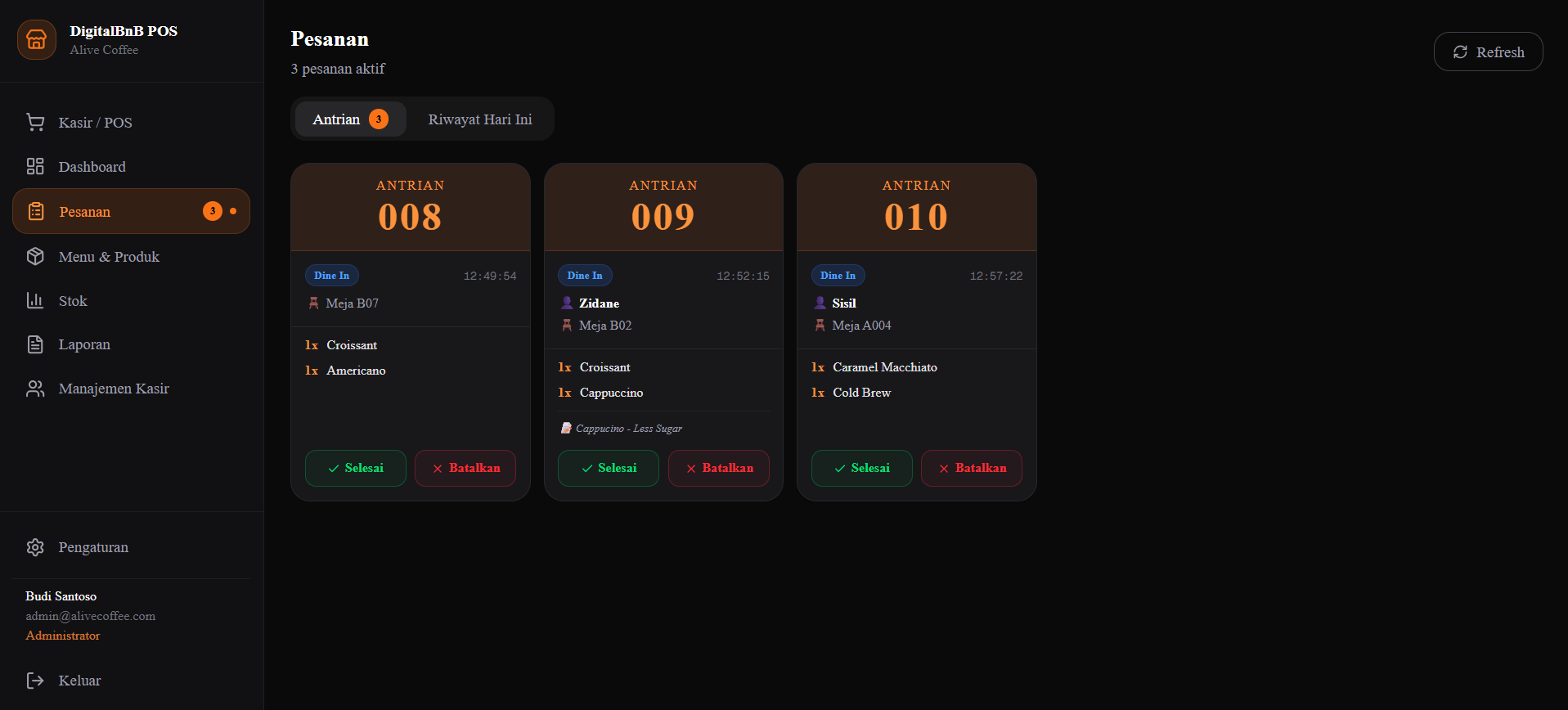 Screenshot — Halaman Antrian Hari Ini