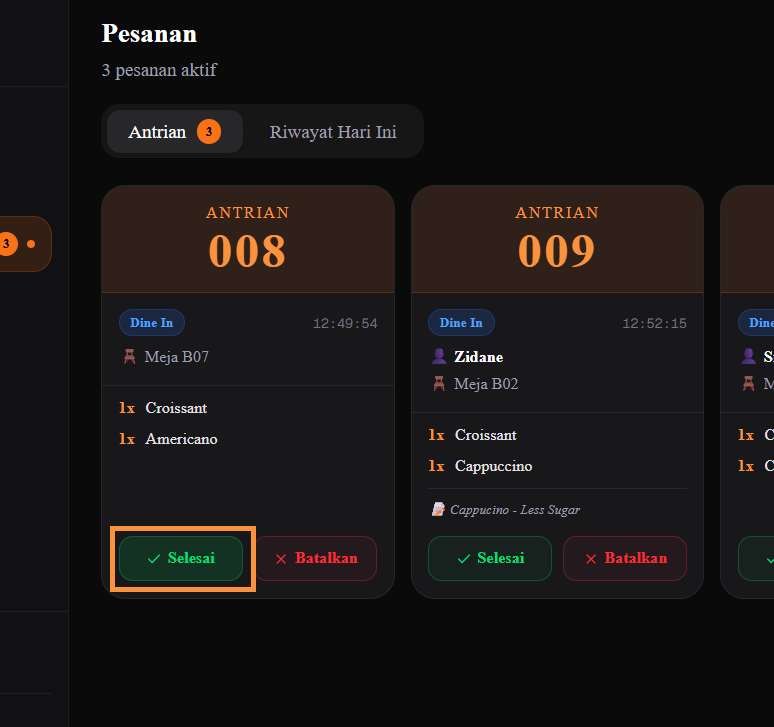Screenshot — Tombol Selesai di Kartu Pesanan
