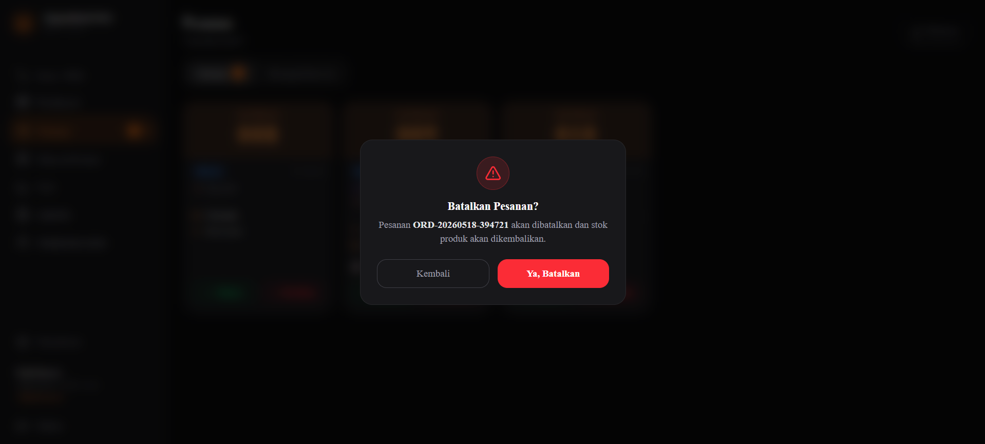 Screenshot — Konfirmasi Pembatalan Pesanan