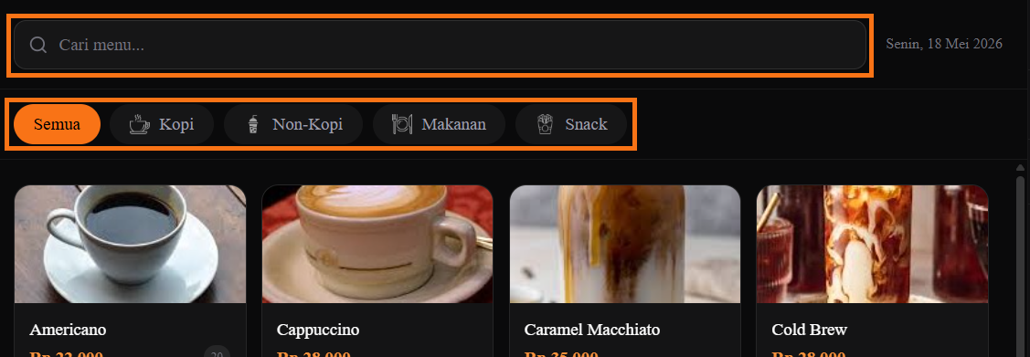 Screenshot — Filter dan Pencarian Produk di Kasir