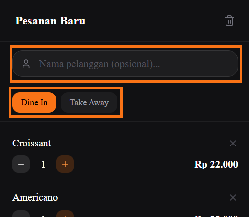 Screenshot — Pilihan Jenis Pesanan