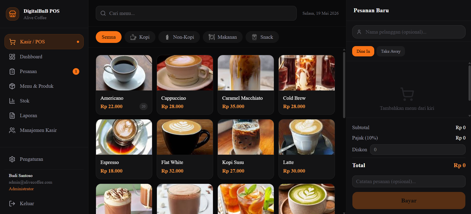 Screenshot — Tampilan Halaman Kasir (Overview)