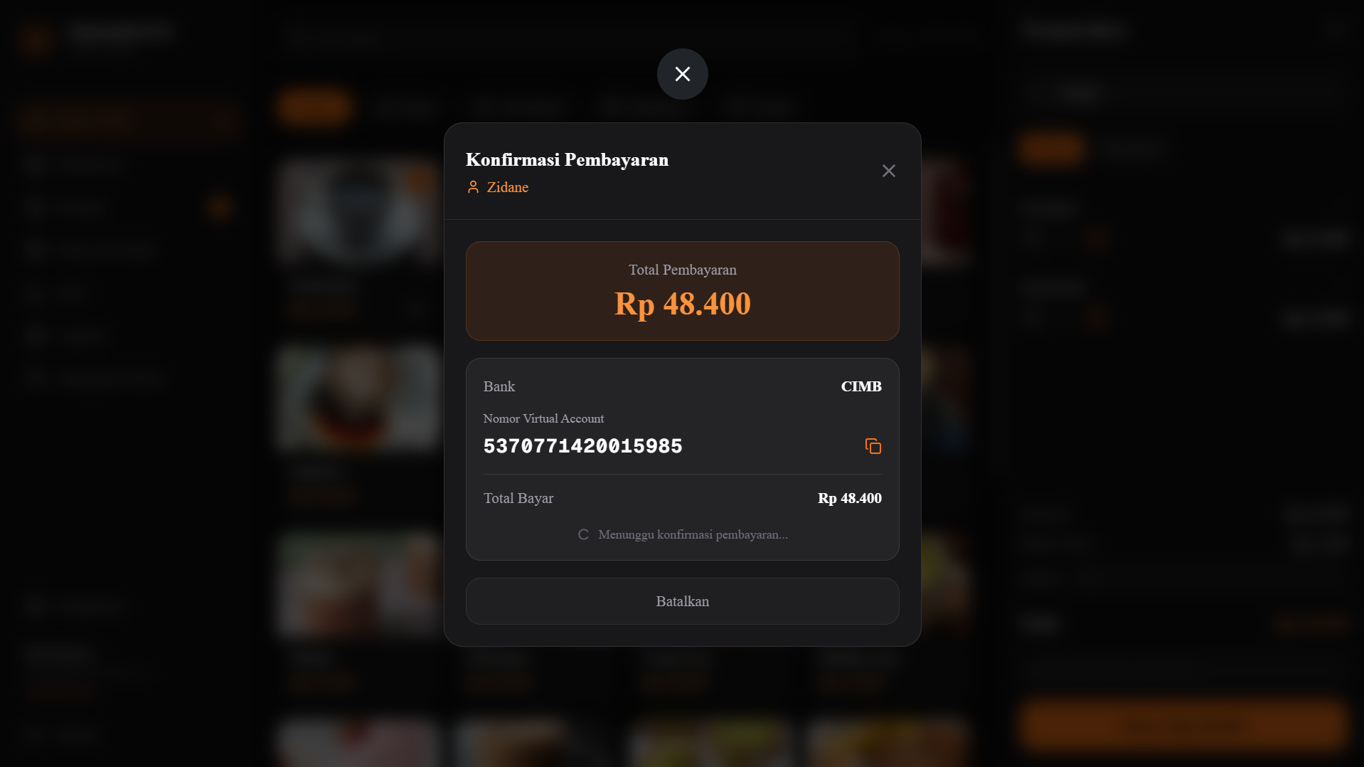 Screenshot — Tampilan Nomor Virtual Account