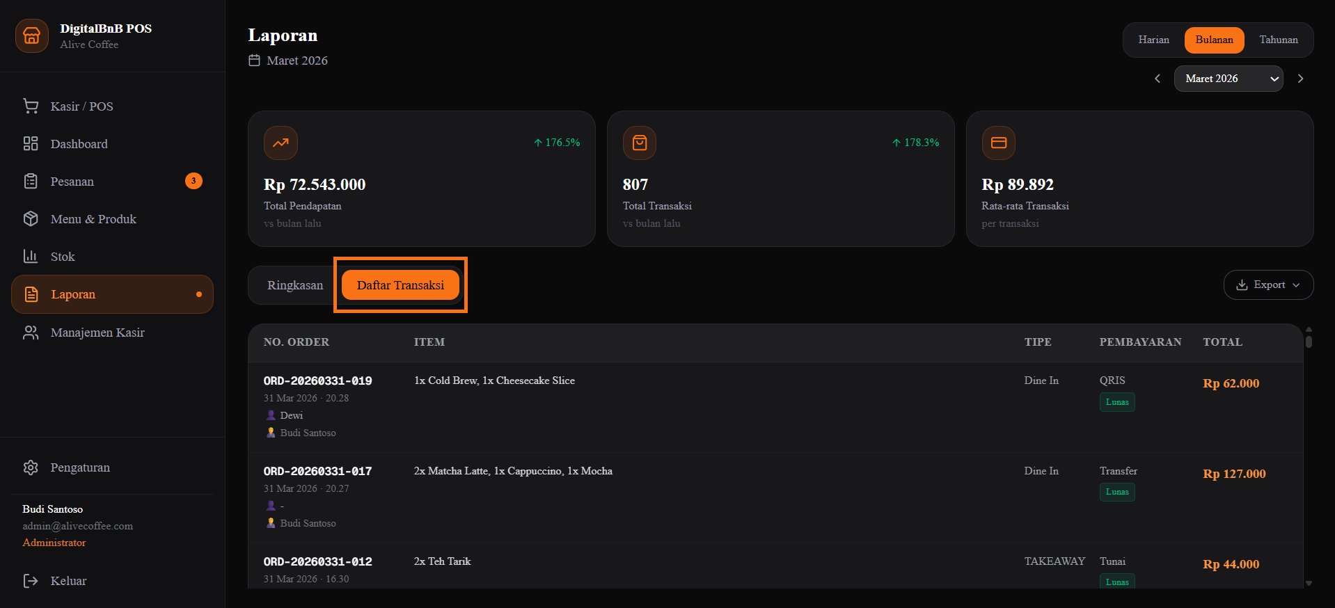 Screenshot — Tab Daftar Transaksi
