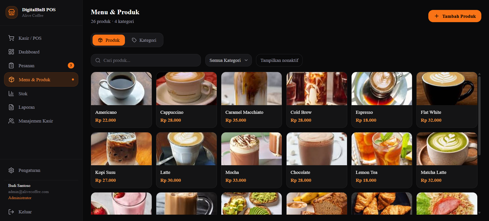 Screenshot — Halaman Menu &amp; Produk
