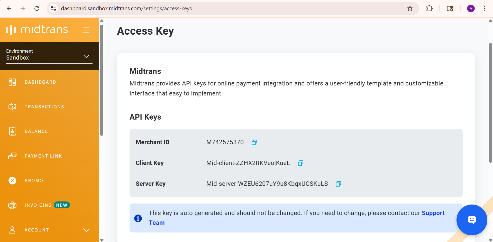 Screenshot — Halaman Access Keys di Dashboard Midtrans (Sandbox)