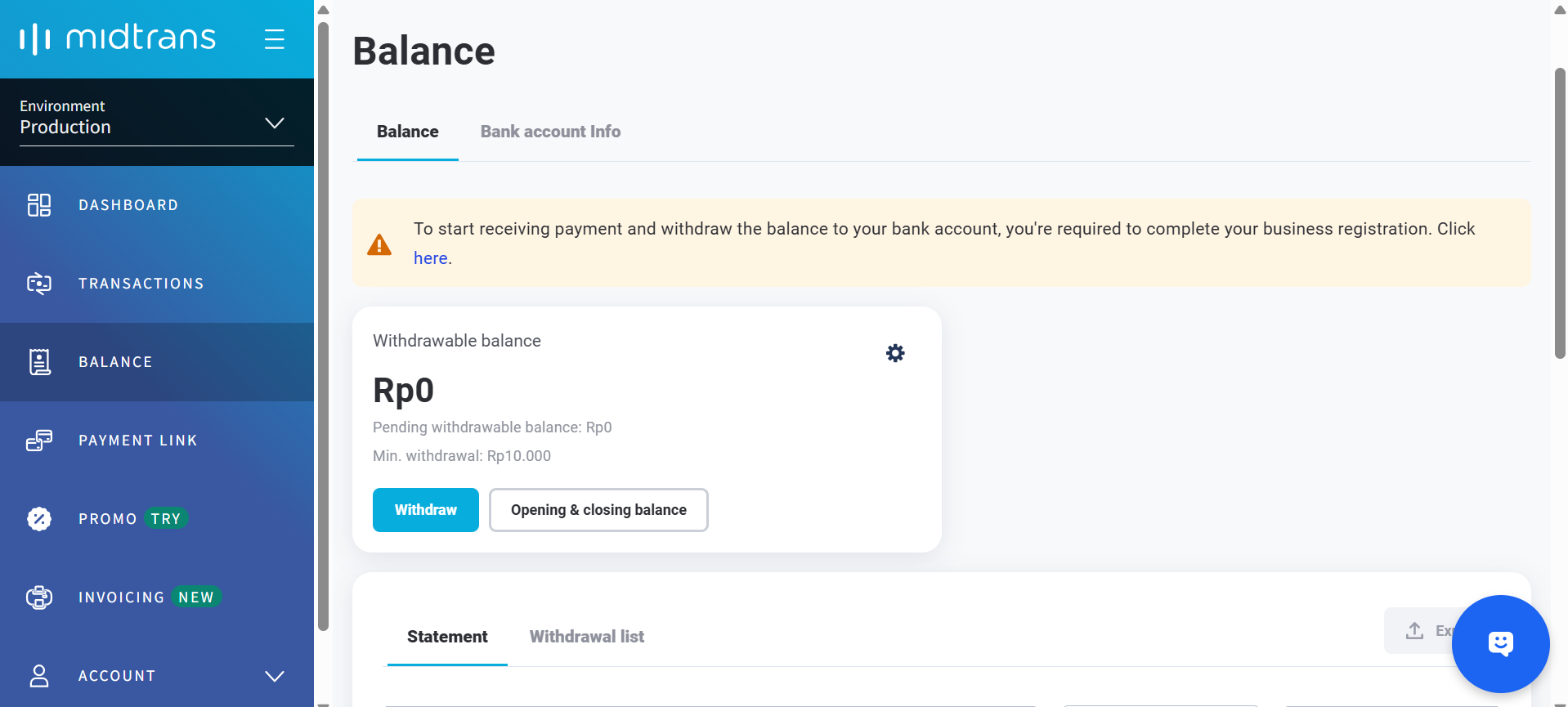 Screenshot — Halaman Payout / Withdrawal di Dashboard Midtrans
