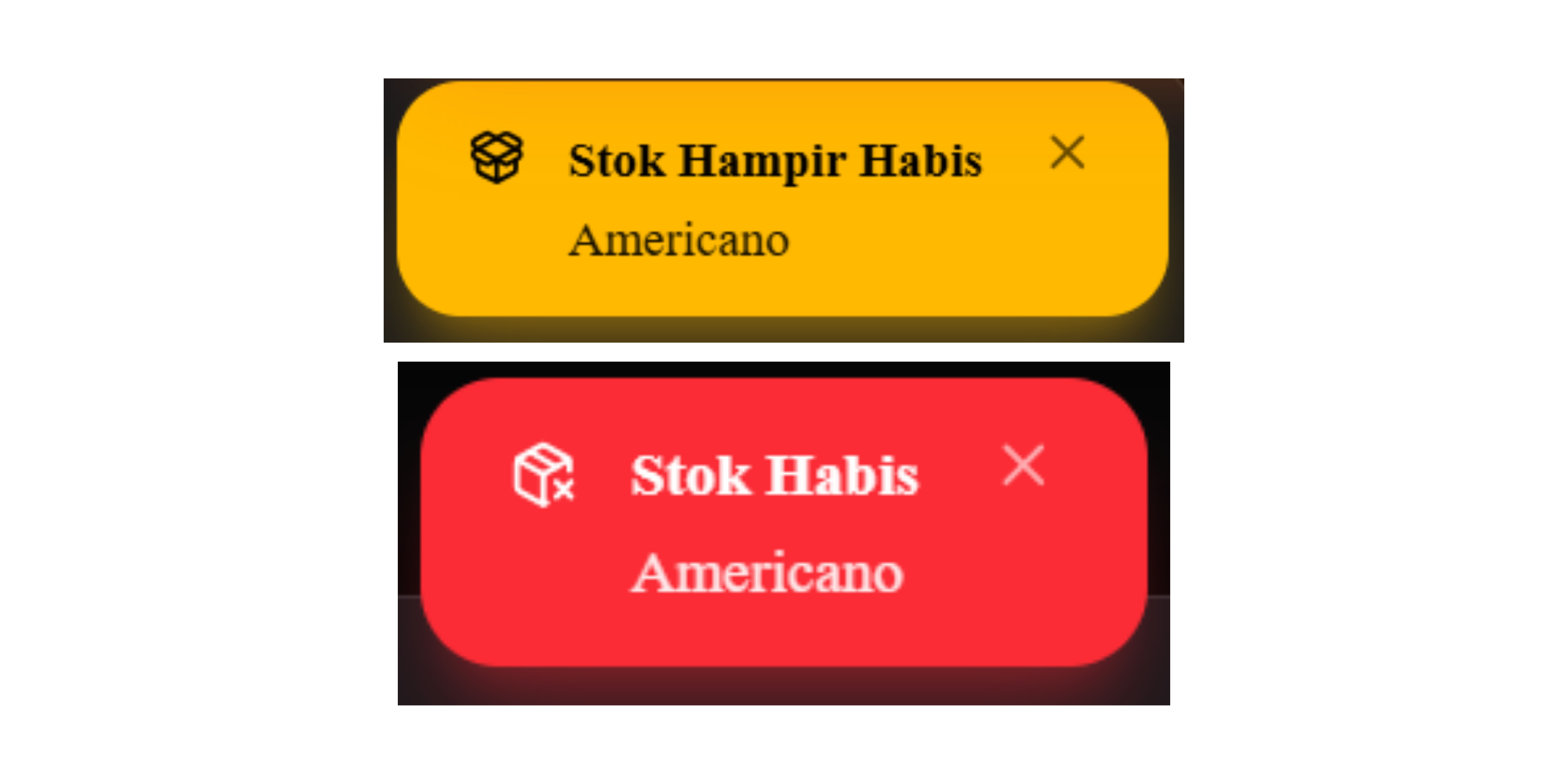Screenshot — Notifikasi Stok Hampir Habis / Habis