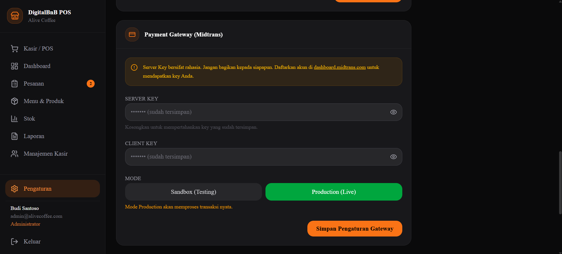 Screenshot — Bagian Payment Gateway di Pengaturan