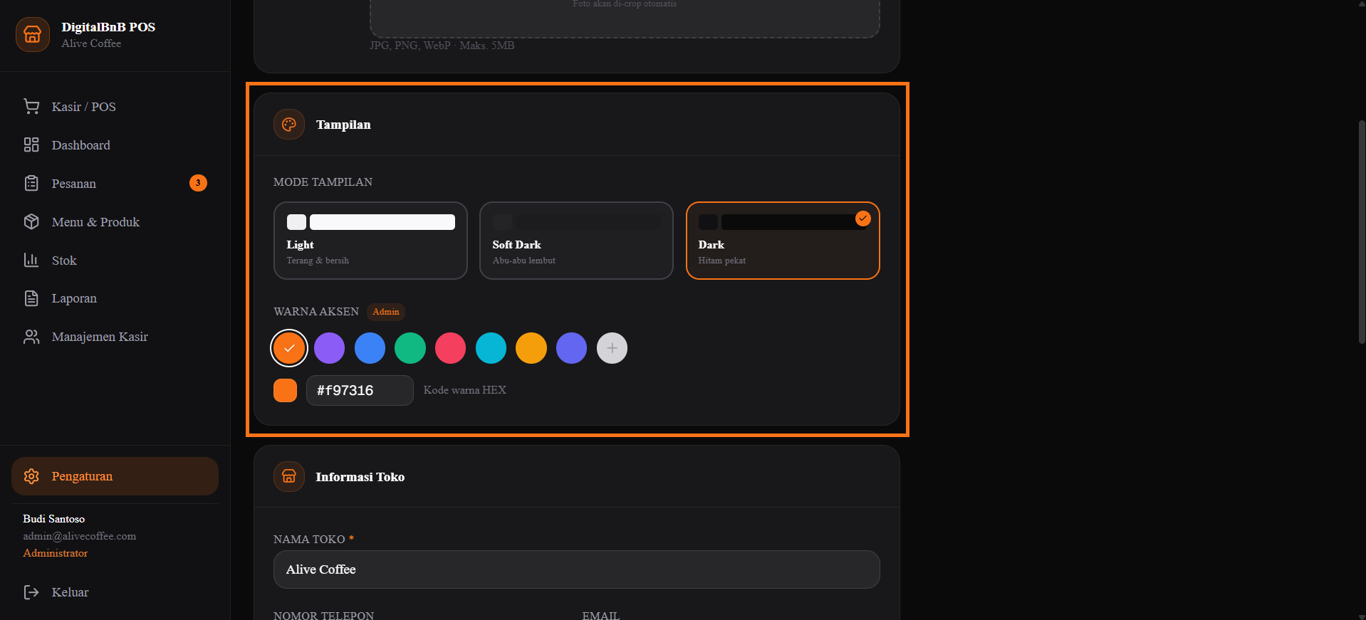 Screenshot — Pilihan Tema Light / Dark Mode