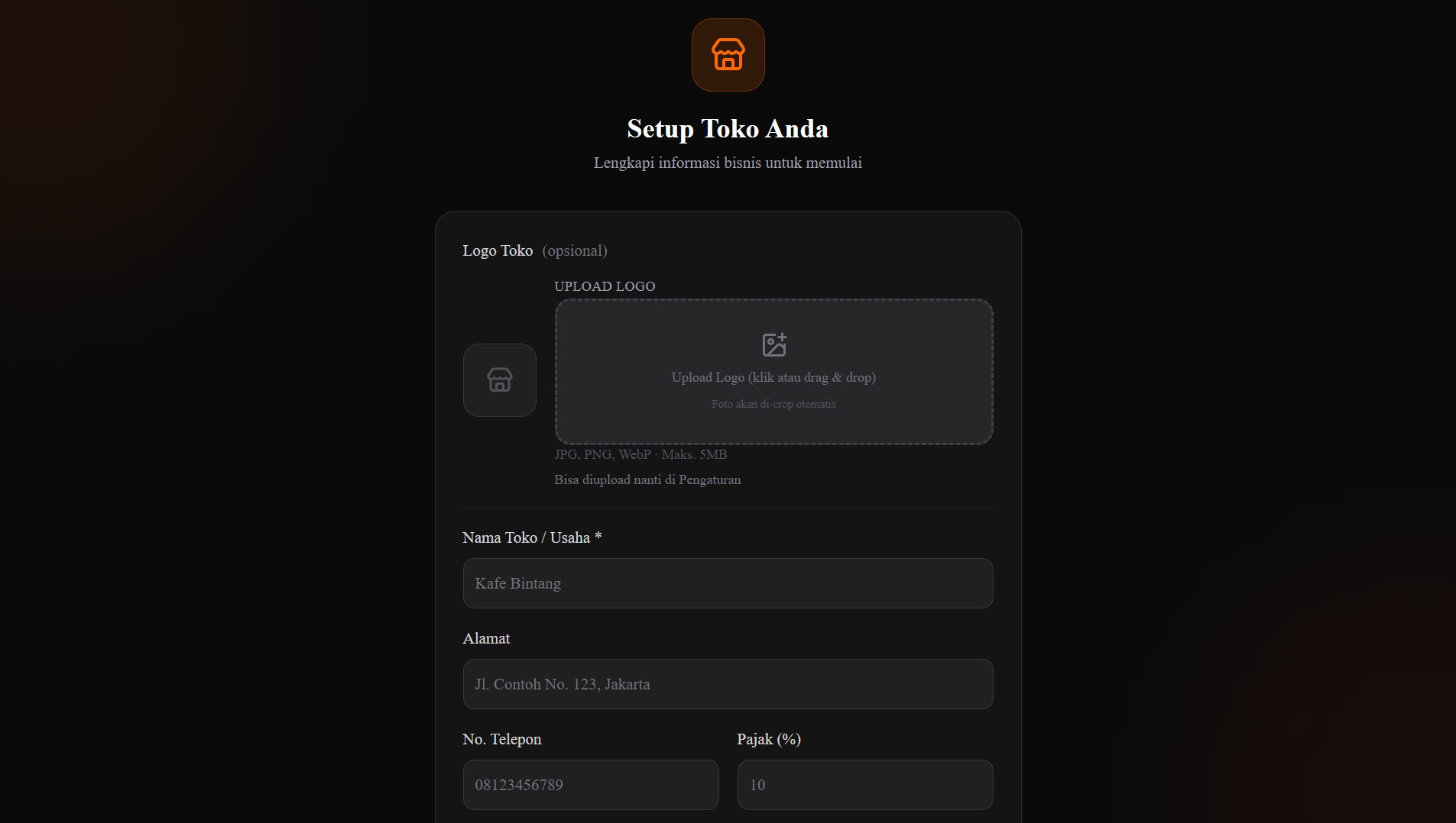 Screenshot — Halaman Setup Awal Toko