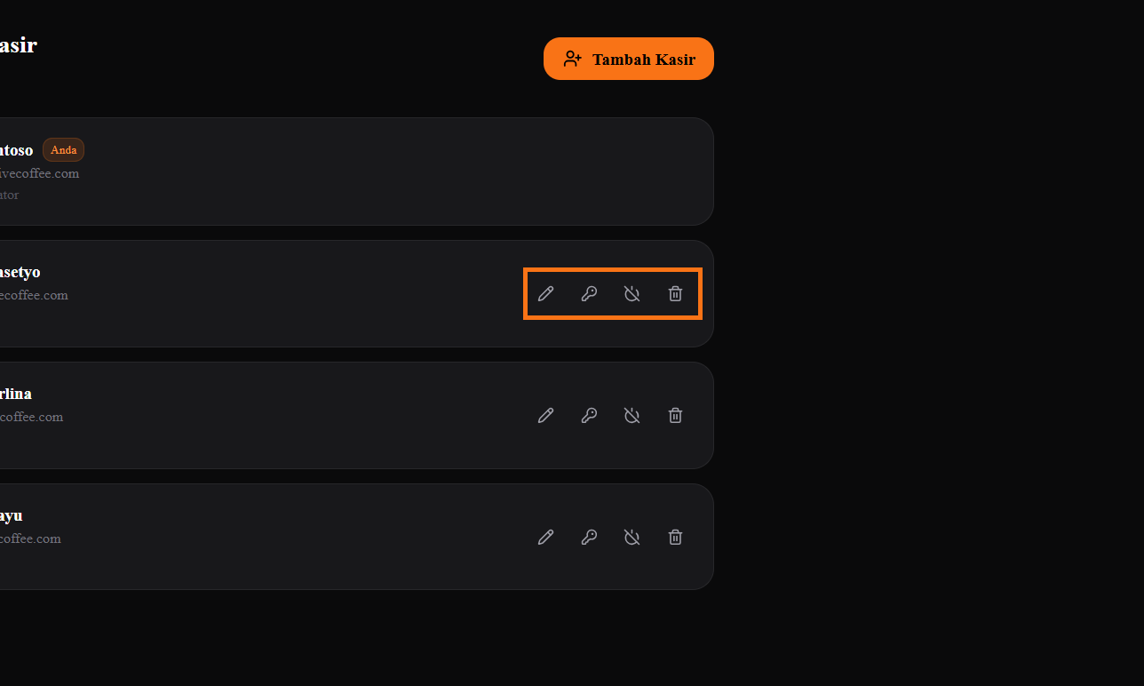 Screenshot — Tombol Aksi Kelola Kasir