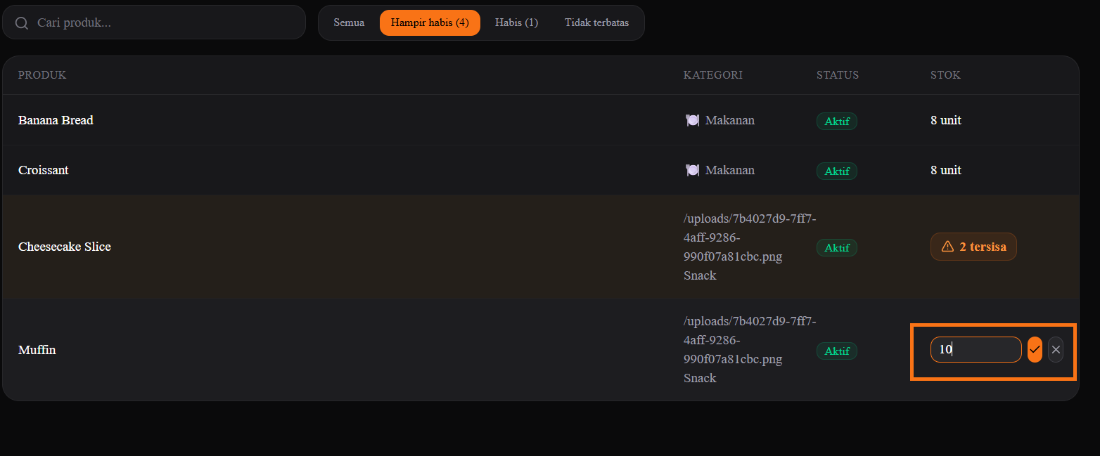 Screenshot — Edit Stok Inline
